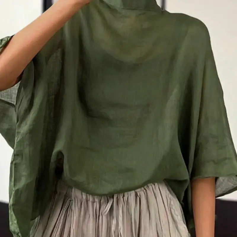 Women's Casual Basic Fashionable Stand Collar Blouse, Lightweight Comfortable Fabric, Batwing Sleeve Shirt, Loose-Fit Solid Color Top, Casual Daily Tops, Blouses Shirts Tops, Autumn Shirt