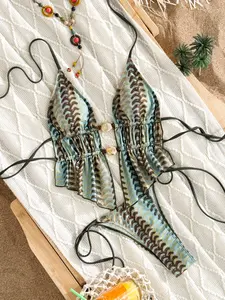 Women's New Printed Beach Casual Fashion Belted Two-Piece Swimsuit, Fitted All Seasons Swimwear, Stylish Summer Bathing Suit, Tropical Print Swimsuit