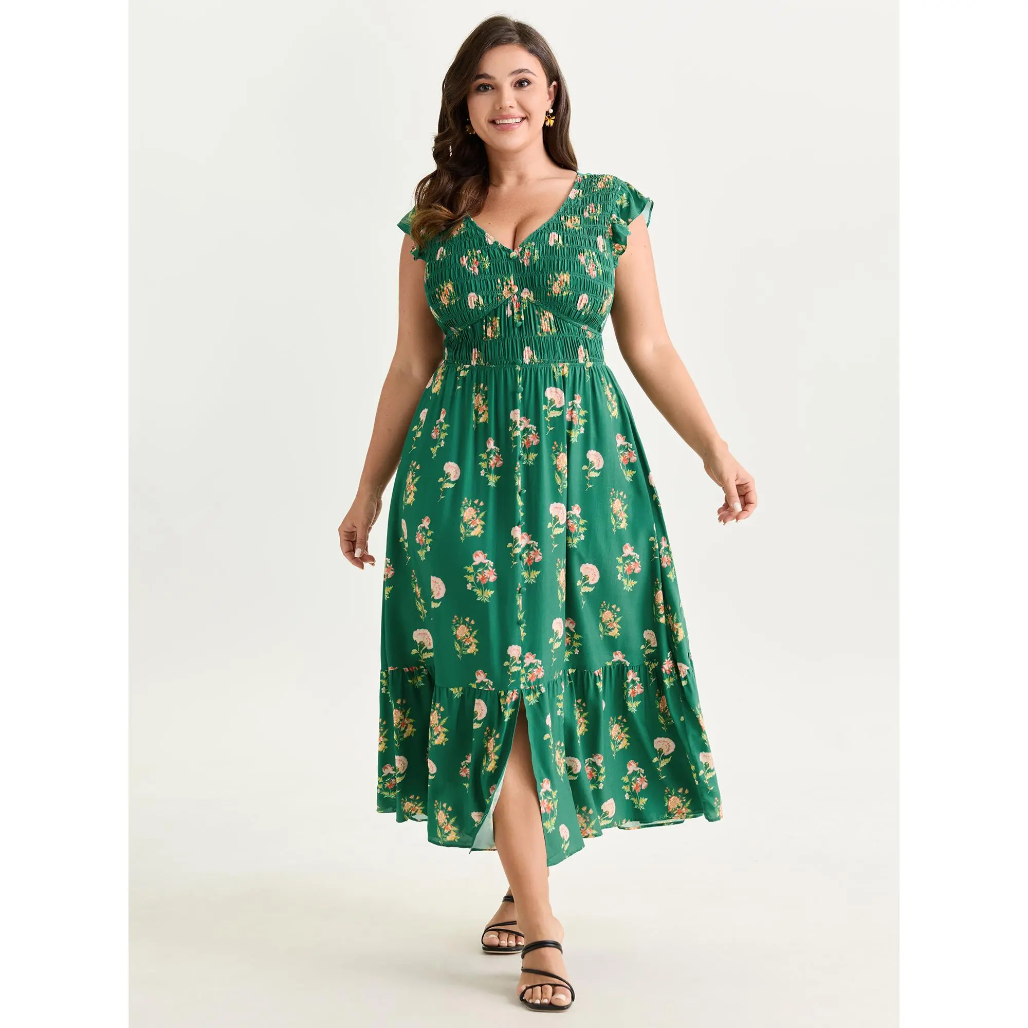 BLOOMCHIC Women's Plus Size Smooth Rayon Short-Sleeve V-Neck Shirred Waist Midi Dress with Pocket, Pull-On Garment, 2026 Summer Casual Wear, Fits M-6X, Cap Sleeve Option, Cold Wash, No Tumble Dry, Low Iron, Floral Print, Plus Size Casual Dresses, Short Sl