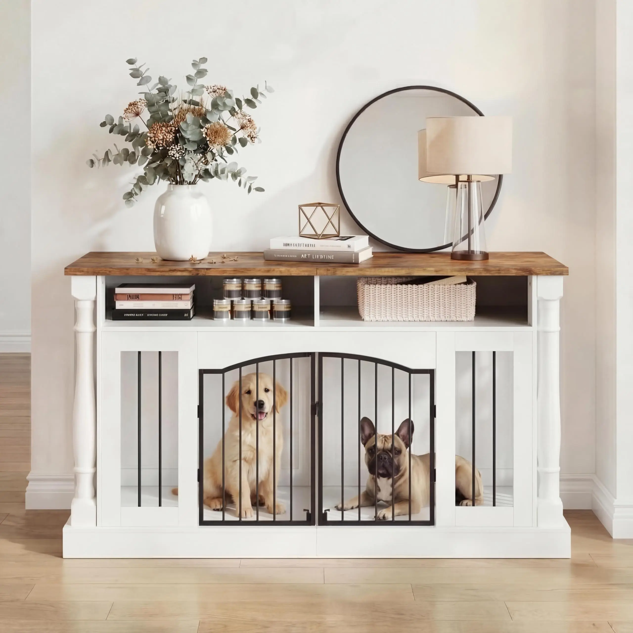Rustic Brown 63-Inch Wooden Dog Crate Furniture - Wood Frame, Roman Columns, Metal Bars, Removable Divider, Open Storage, Double Doors, Easy Setup TV Stand for 1 Large or 2 Small-Medium Dogs Outdoor Furniture Piece