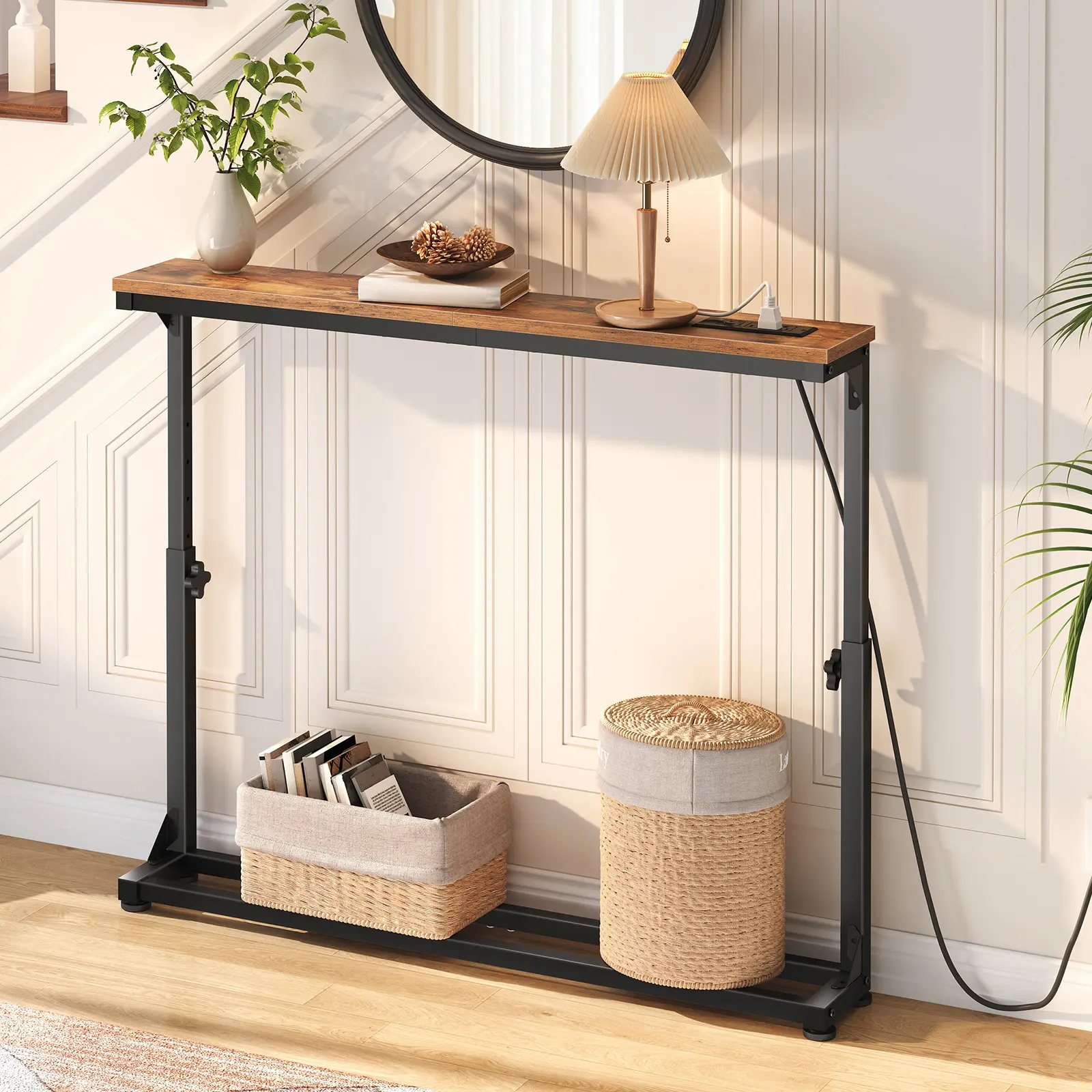 HOOBRO Narrow Console Table with Power Outlet, Long Sofa Table with Storage, Rustic Brown Entryway Table for Living Room, Hallway & Small Spaces