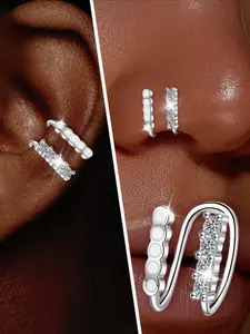 Women's Non-Piercing Nose Clip Set: 1pc + Ear Clips, Non Piercing Jewelry, No Piercing Required, Double Layered, White Circle Design with Y2K Style, Minimalist Square Synthetic Zirconia Inlay & Sparkling Accents, S925 Silvery