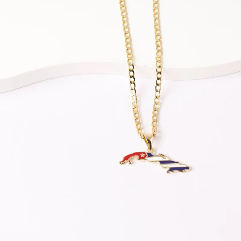 14K Gold Laminated Cuba Map Pendant Necklace, Cuban Flag Design, 3mm Cuban Link Chain, 15x40mm Pendant, Unisex Jewelry