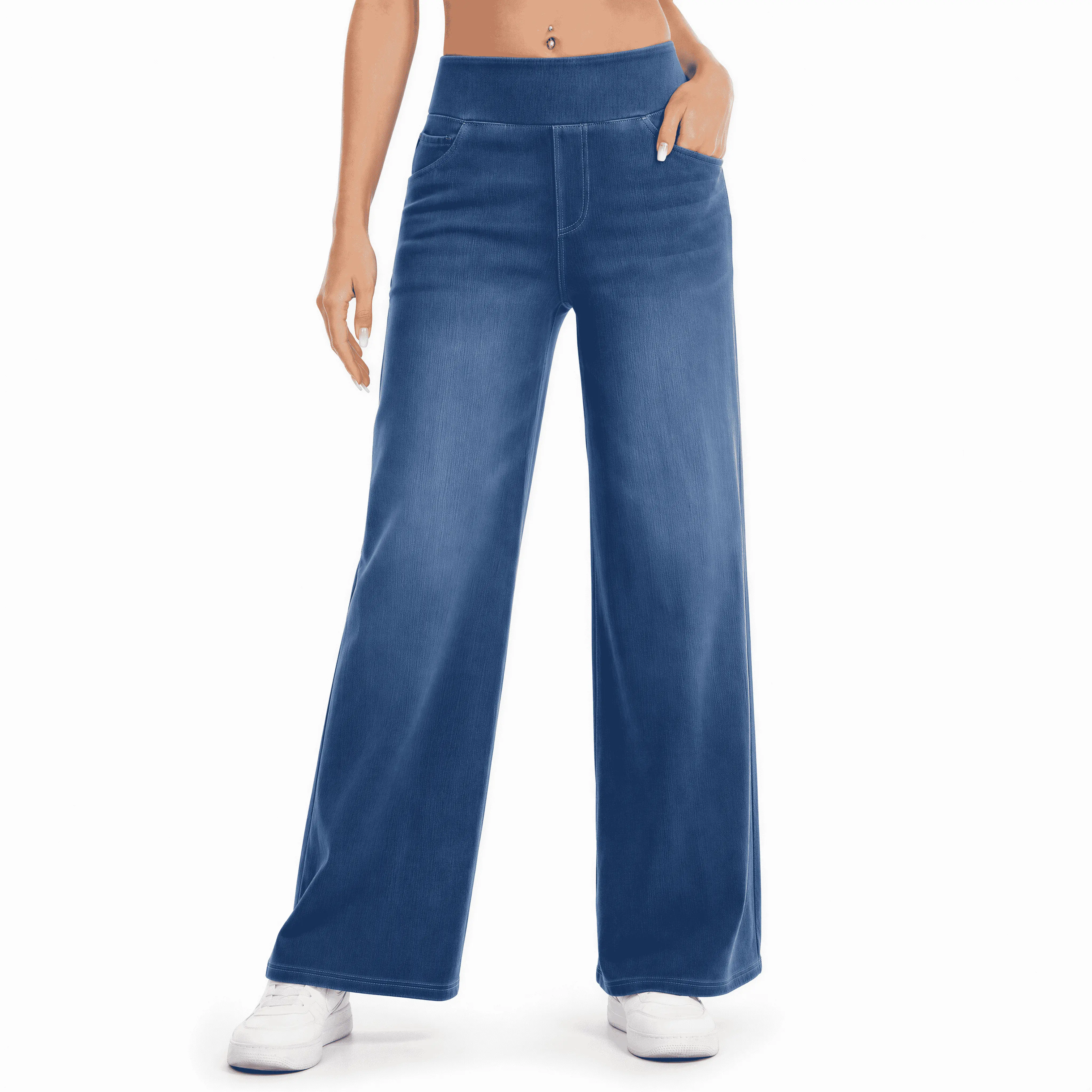 Cotrasen Wide Leg Stretchy Jeans for Women Loose Fit Elastic High Waist Pants Pull On Baggy Fit Jeans Tummy Control Trousers Casual Work Wear (Regular Inseam)