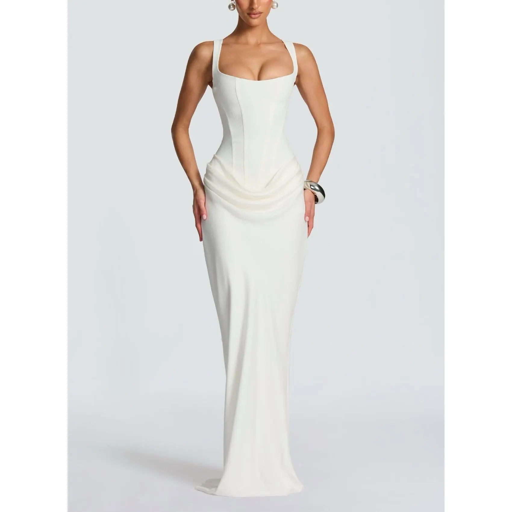 Women's Plus Size Fitted Boned Corset Gown - Polyester Blend Sleeveless Cami Bodycon Maxi Garment, Summer Formal Wear for Dinner, Party Events, Machine Washable (Cold Wash, Line Dry, Normal Type)