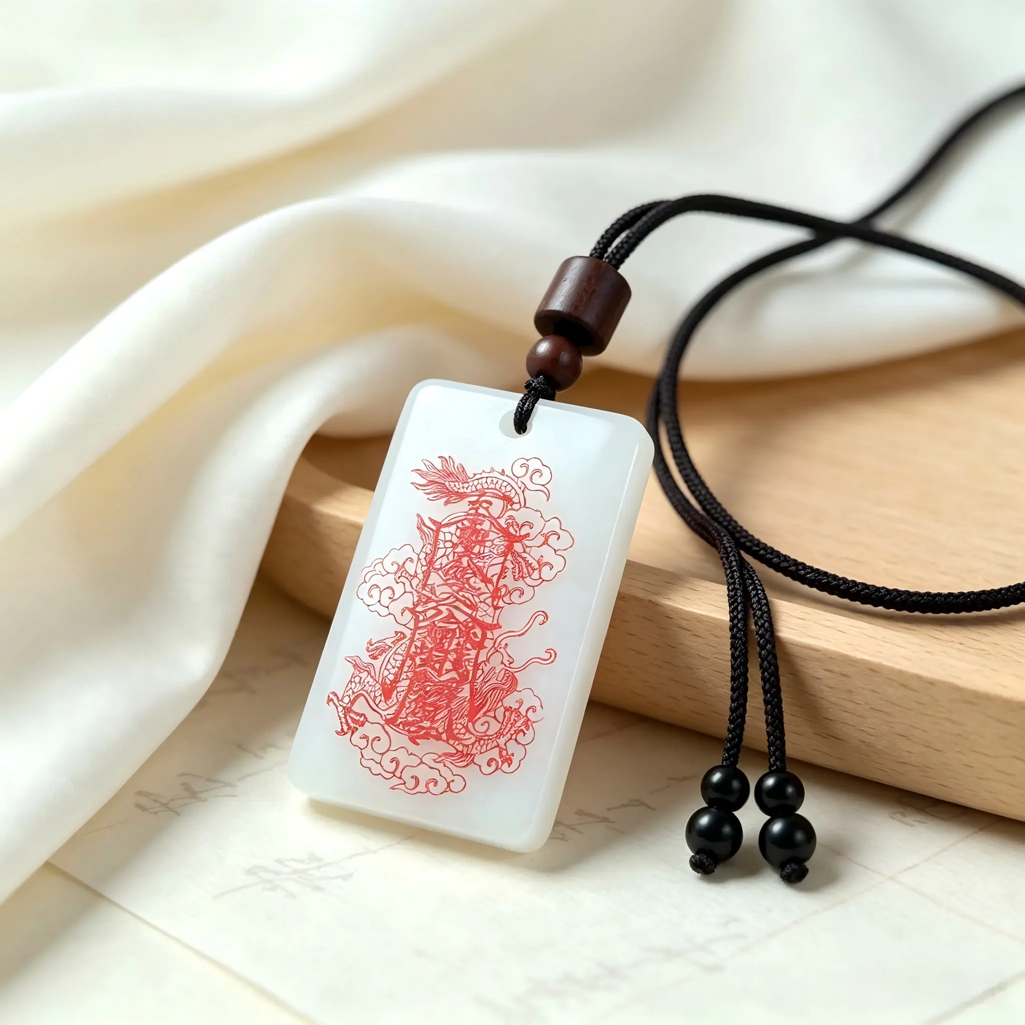 White Jade Rectangular Plaque Ornament, Oriental Dragon Engraved Jade Pendant, Traditional Chinese Cultural Collectible Decorative Craft Necklace