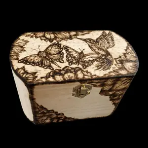 Large Wooden Jewelry Box Hummingbird and Butterfly Design Pyrography WoodBurning
