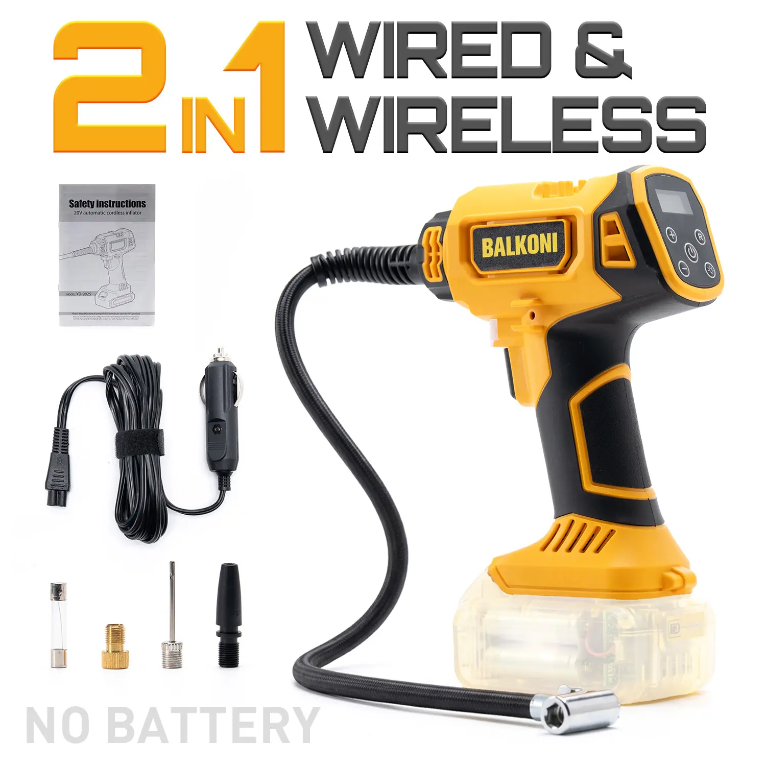(No Battery) 2-in-1 Cordless Tire Inflator Air Compressor - Dewalt 20V Battery Compatible, 12V Car Lighter Power Cord, 150PSI Max, Digital Pressure Gauge, Fast Inflation, Portable Handheld Design for Cars, Bikes, Motorcycles