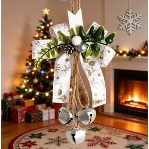 Christmas Bell Ornaments, 3Pcs Jingle Bells with Bow Pine Cone, Xmas Tree Hanging Decoration for Home Door Window Party Holiday