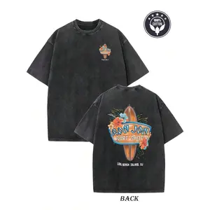 Surf Shop Floral And Surfboard Graphic Black Short Sleeve Tee,Fashion Street Pattern Short-Sleeve Pure Cotton Double-Sided Washed T-Shirt
