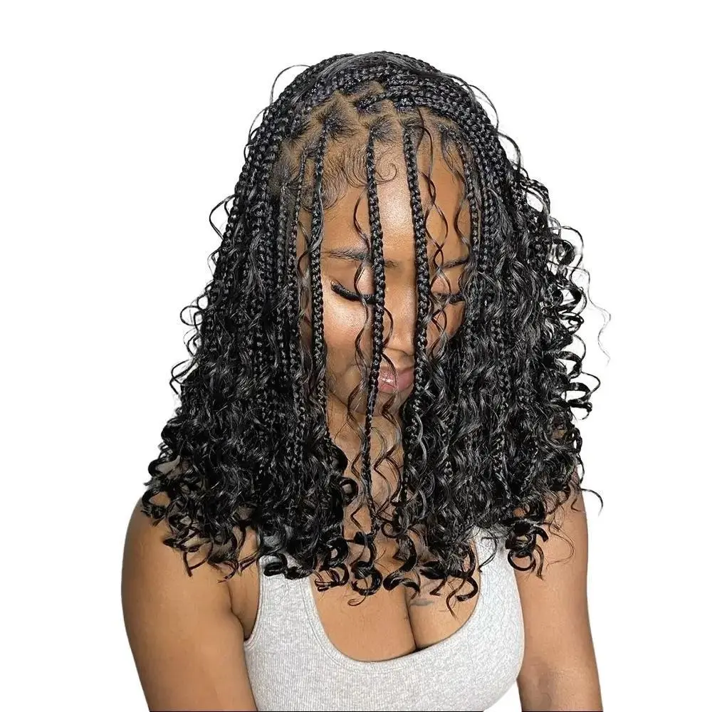 SuperNova Boho Curly Braided Wig Glueless Pre-Cut Full Lace Human Hair Short Natural Black #SummerVibes