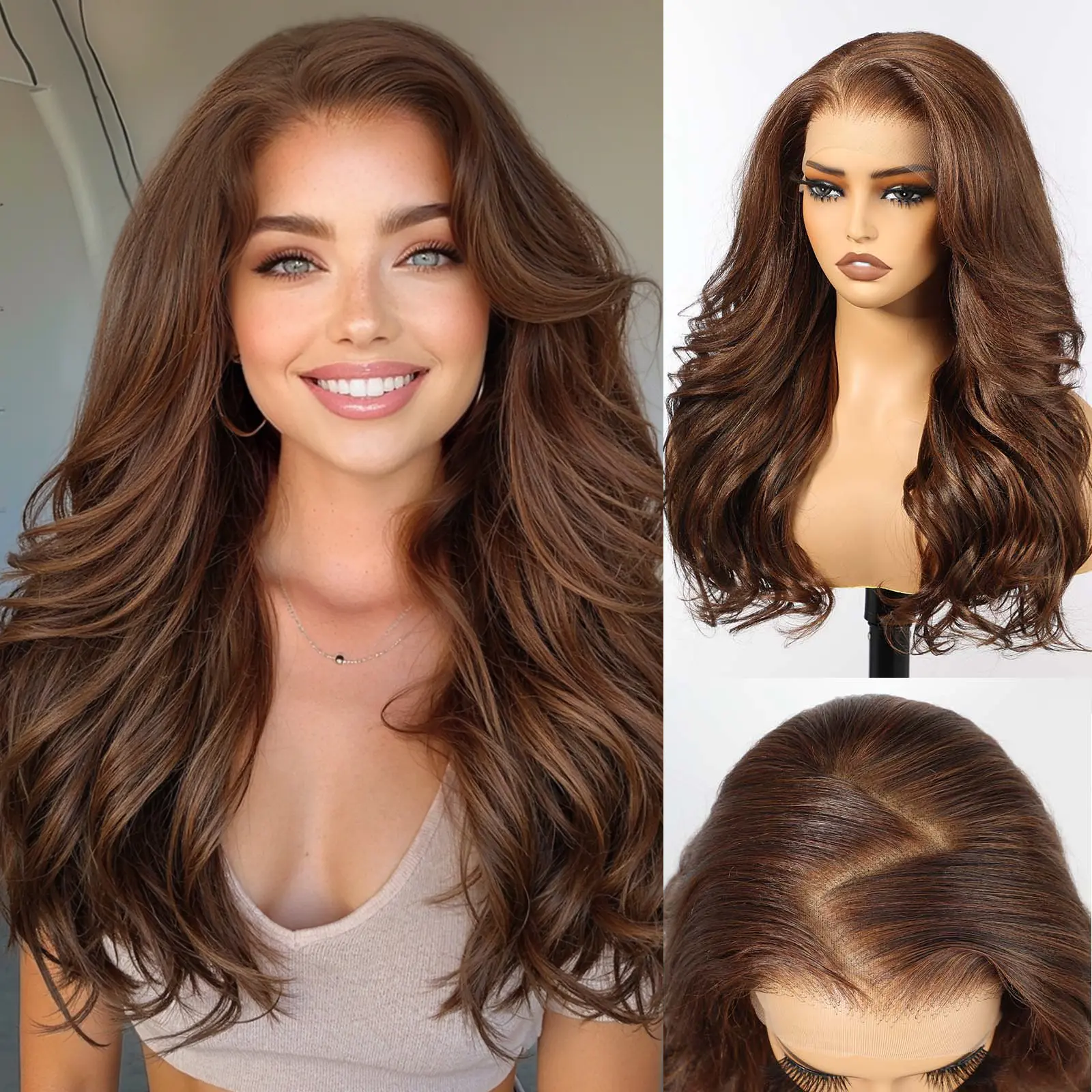 HAIRCUBE  24 Inch Chocolate Brown Long Curly Layered Wigs 13x6 HD Synthetic Lace Front Wig Glueless Wigs for Women Daily Use