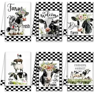6 Pcs Farm Animal Kitchen Towels Cow Kitchen Hand Towels Cow Pig Chicken Plaid Farmhouse Funny Dish Rustic Absorbent with Hanging Loop for Bathroom Decor Housewarming Gift, 24" x 16"