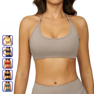 Quick-dry brushed yoga bra with halter neck and hollow back design, suitable for running and fitness activities