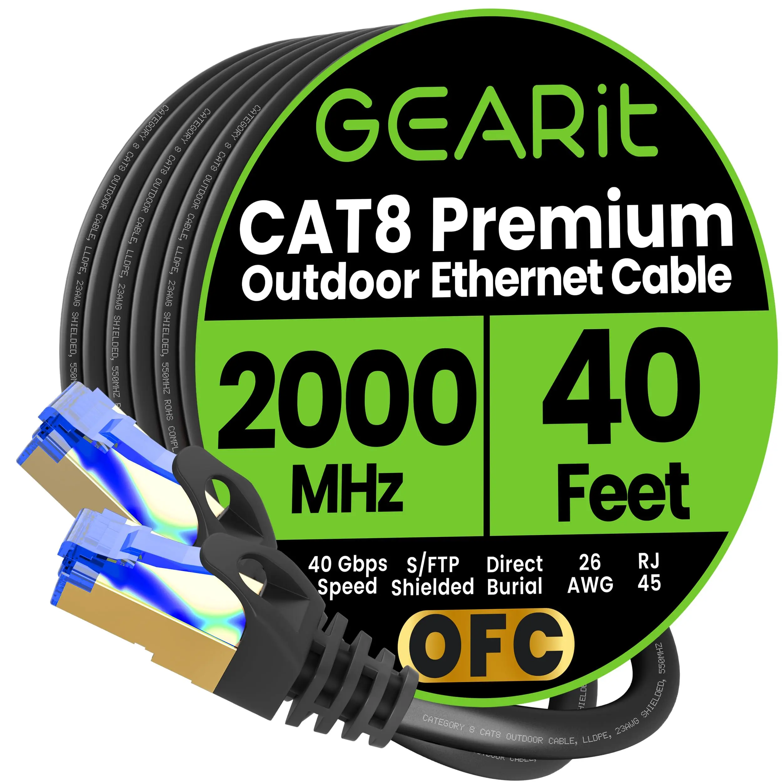 GearIt Cat8 Outdoor Ethernet Cable - Male-to-Male LAN Network Cord, CM-Rated PVC, LLDPE, Pure Copper, Gold-Contact Plugs, Weatherproof, Waterproof, Direct Burial, High-Speed, High Interference Resistance for Servers, Black