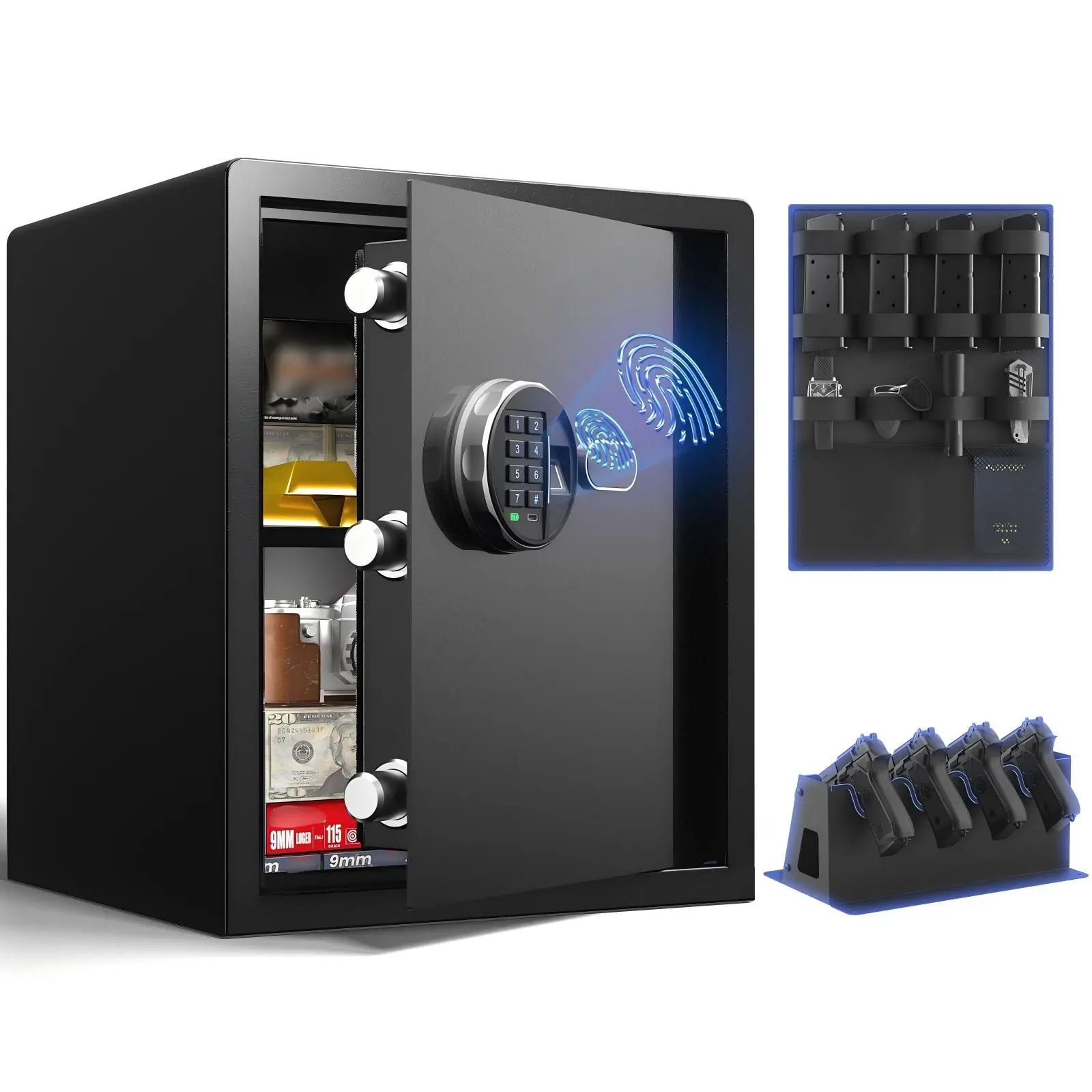 Biometric Gun Safe (1.71 cu. ft.) – Quick Access Multiple Handgun Storage with Fingerprint & Backlit Keypad, Secure Pistol Safe Box with Door Organizer & Gun Rack
