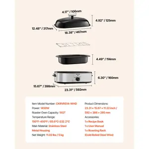 VEVOR Roaster Oven, 18QT Electric Roaster Oven, 150-450 Adjustable Temperature Electric Roasting Pan with Self-Basting Lid, Cool-Touch Handle, Defrost Warm Function, Stainless Steel Turkey Ovens