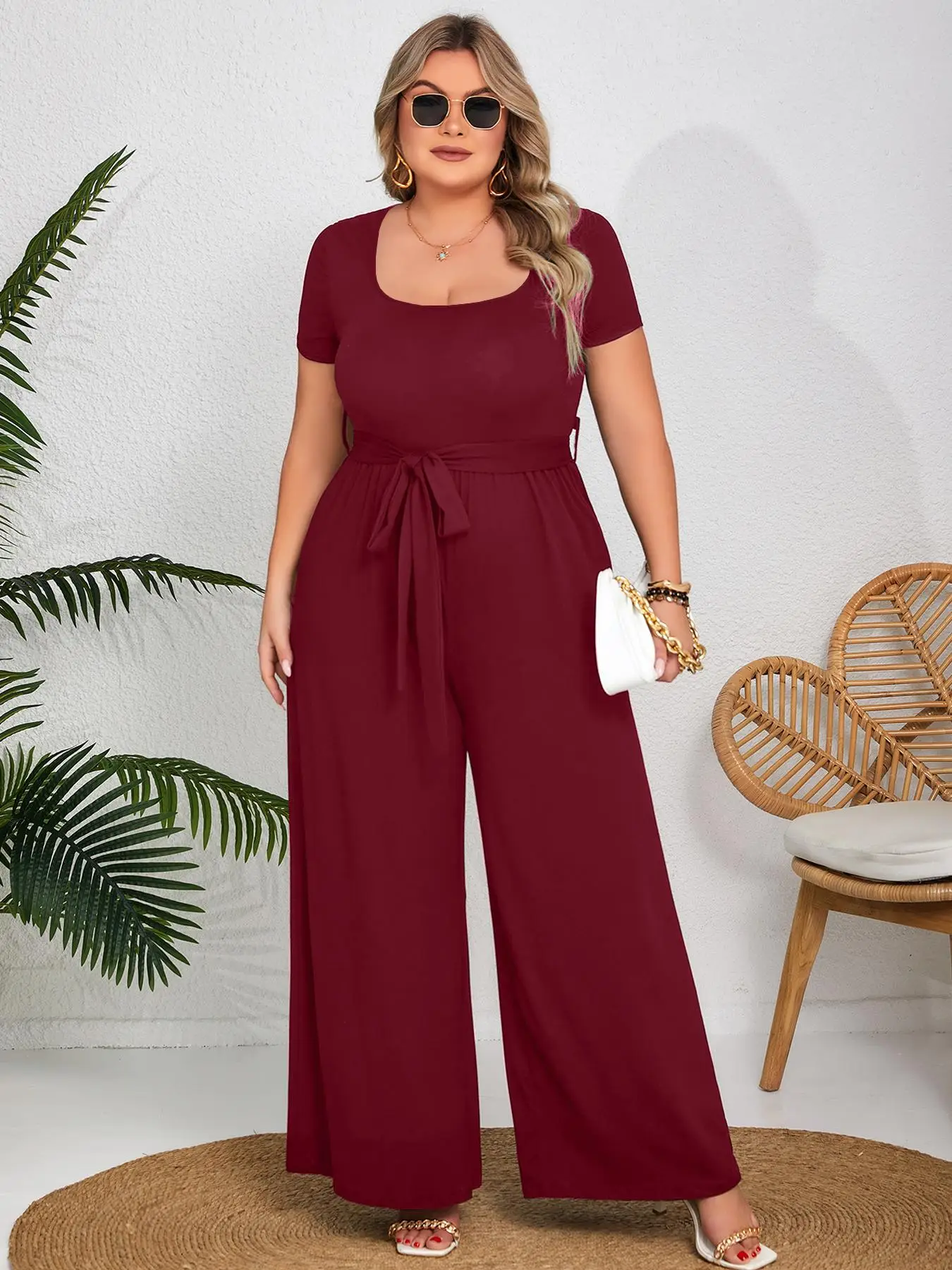 Plus Size Solid Wide Leg Jumpsuit, Elegant Square Neck Belted Jumpsuit for Daily Outdoor Wear, Women Plus Clothing for All Seasons