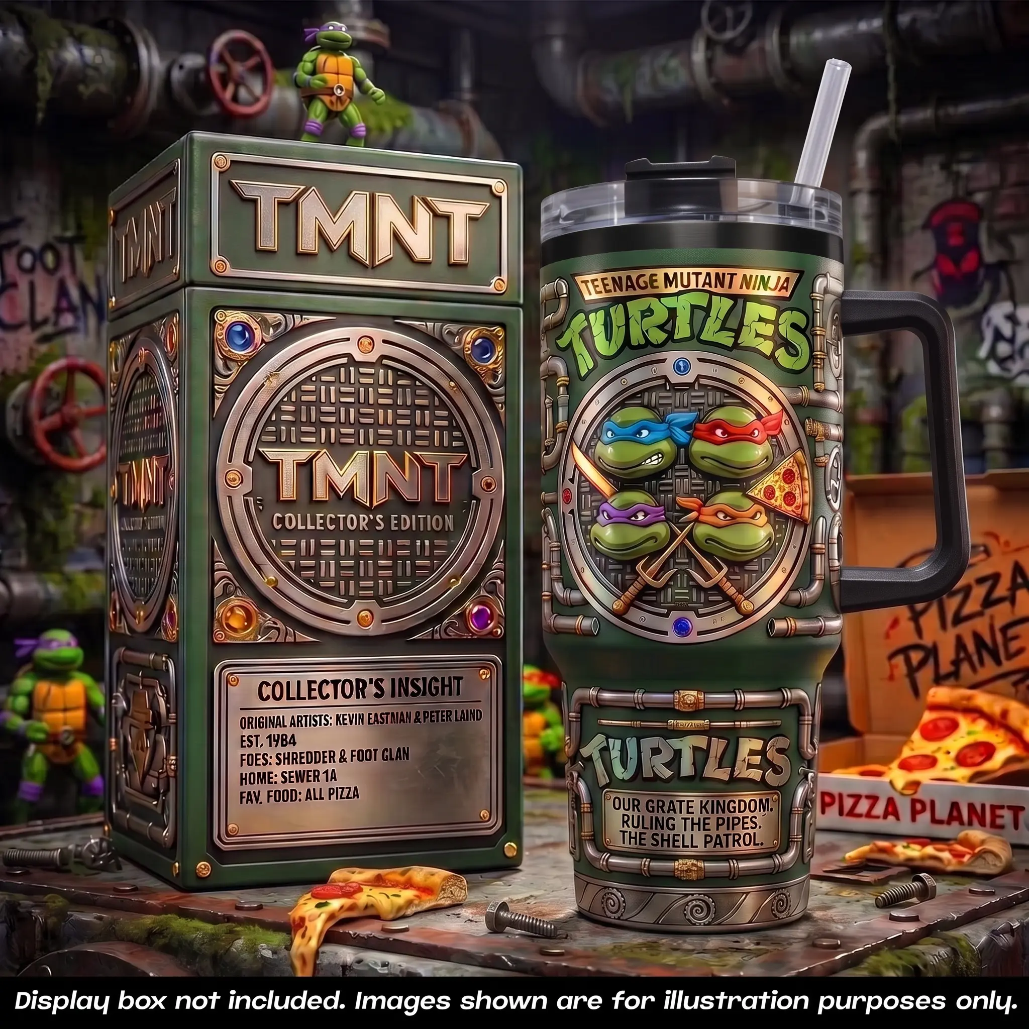 TMNT Ninja Turtles 40 oz Tumbler, Limited Collector Edition Sewer Pipe Pizza Stainless Steel Vacuum Insulated Travel Coffee Mug with Handle Straw, Leonardo Raphael Donatello Michelangelo Graphic Drinkware,Gift Retro 90s Nostalgia Cartoon Lovers