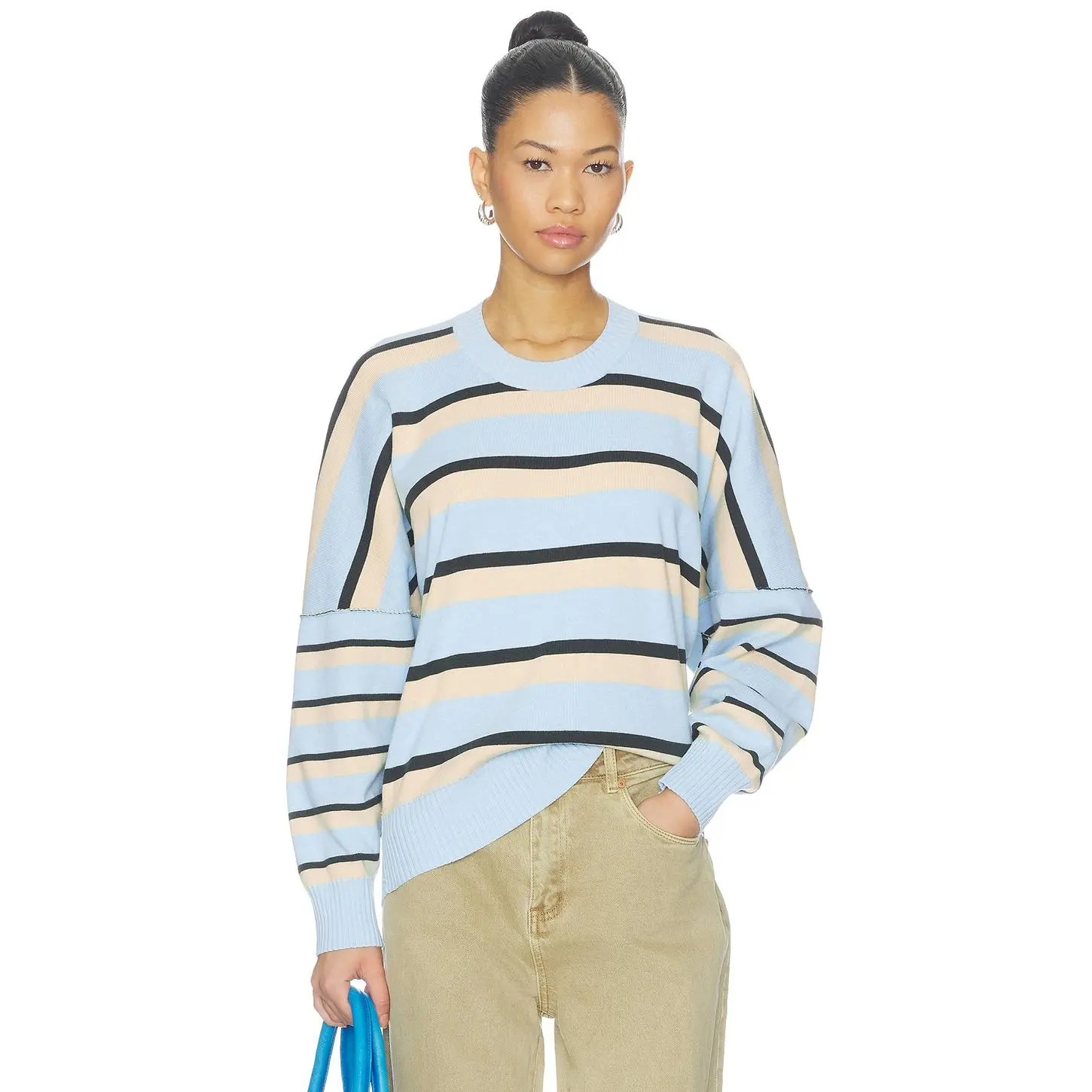 Free People Stripe Muse Pullover in Ice Blue Combo
