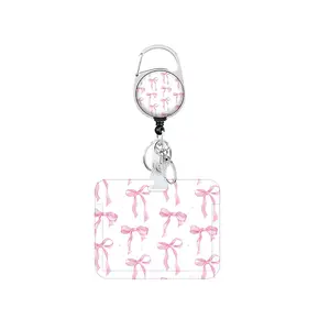 Sweet Bowknot Women's ID Badge Holder Set, Retractable Nurse Badge Reel, Rotating Clip, Durable Keychain, Office Wear Accessories