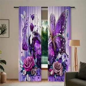 2pc, purple diamond butterfly print pattern. It is installed using pocket rod method. This is a digital printed curtain. It is suitable for living room, closet, bedroom, study, dining room and home decoration.