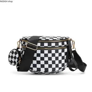 Black & White Checkerboard Crossbody Saddle Bag with Mini Pouch, Adjustable Wide Strap, Gold Zippers, Retro Streetwear Vibe, Perfect for Concerts, Errands & Bold Everyday Style