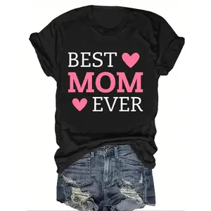 100% Premium Cotton graphic tees Mother's Day "Best Mom Ever" Heart Pattern Slogan Letter Print Fashion Crew Neck T-Shirt, Standard Size Women's Apparel, Women's Clothing