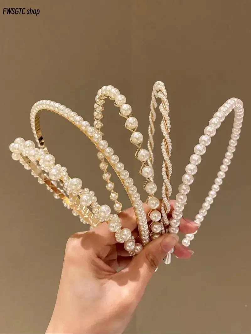 Women's 5-Piece Faux Pearl Decorated Headbands, Gentle Luxe Touch Matching Headband, Chic Look Bag Charm Accessory for Casual Wear & Daily to Party Use, Hair Accessories