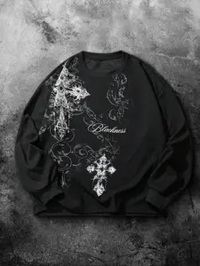 Men's Black Long Sleeve Shirt Featuring Detailed Crucifix Design and Bold “Blackness” Graphic, Vintage Gothic Style for Dark Fashion Enthusiasts and Casual Outings, Casual Streetwear Looks