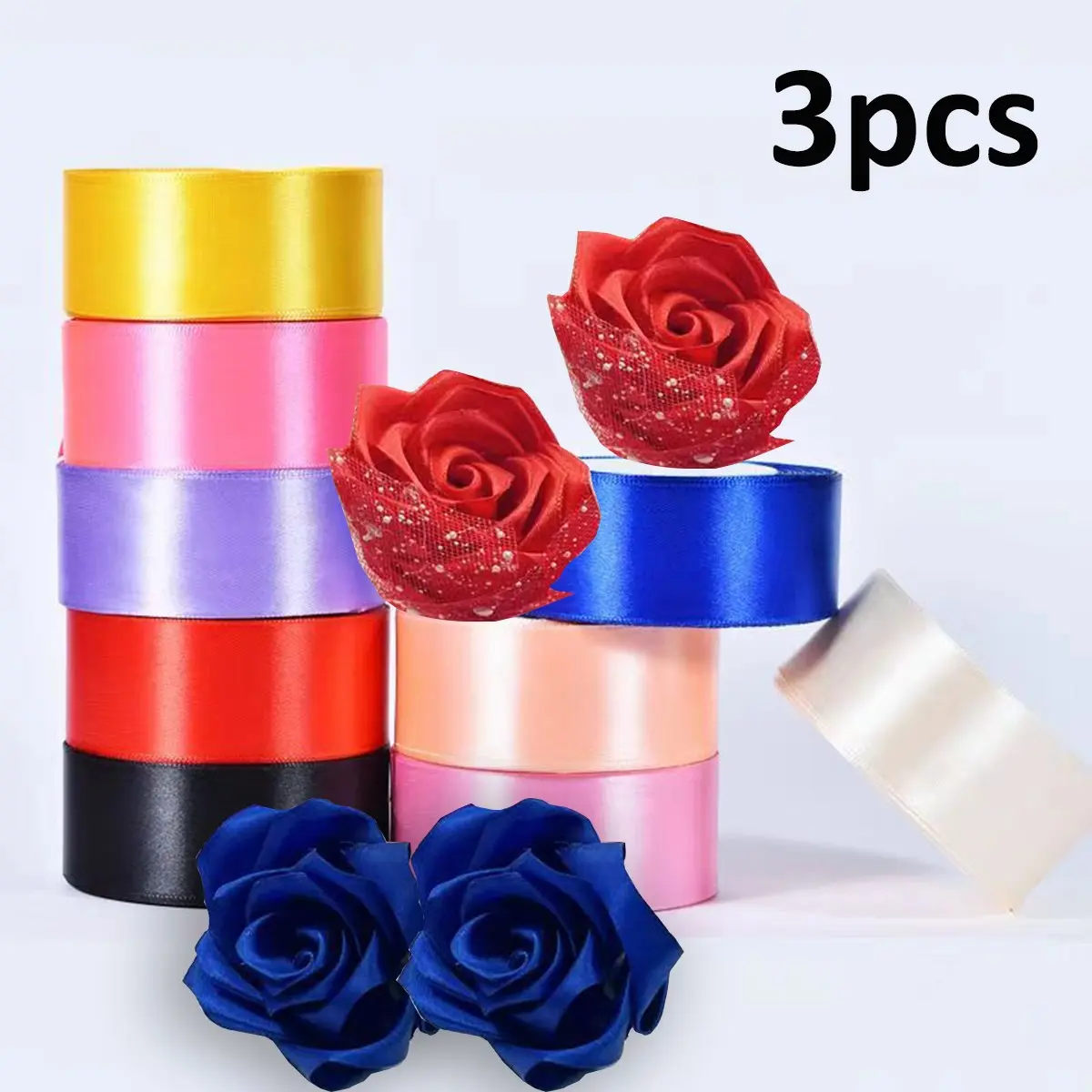 3-Pack Satin Ribbon Rolls, 4cm Width, 1.5 Inch X 22m, Multiple Colors, Perfect for Gift Wrapping, Bow Making, Crafts, Parties, Weddings, Gift Wrapping Supplies