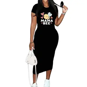 MAMA BEE Fitted Long Dress, Cute Bee Print Bodycon Dress, Spring/Summer Fashion Short Sleeve Dress, Round Neck Short Sleeve, Charming and Stylish, Women's Clothing