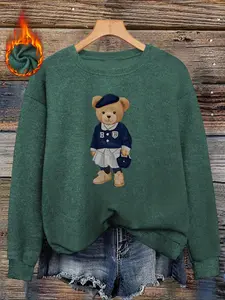 Women's Teddy Bear Pattern Sweater, Long Sleeve Round Neck Fitted Pullover, Soft Elastic Fabric, Casual Fall & Winter Top, Daily Wear, Womenswear