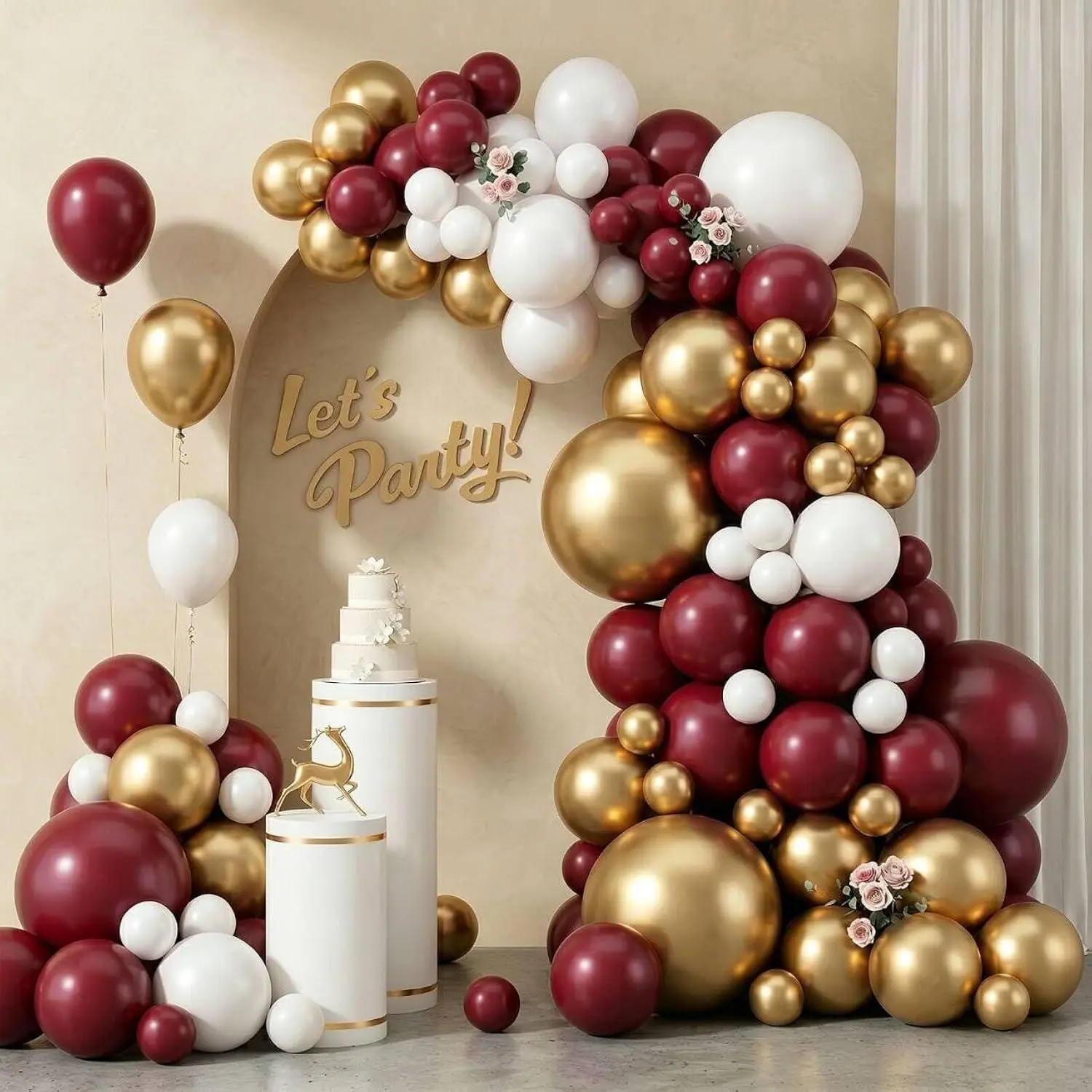 103Pcs Burgundy, Gold & White Balloon Garland Kit, 18/12/10/5 Inch Maroon & Metallic Gold Balloons For Anniversary, 2026 Graduation, Wedding, Wine Tasting Party Decorations