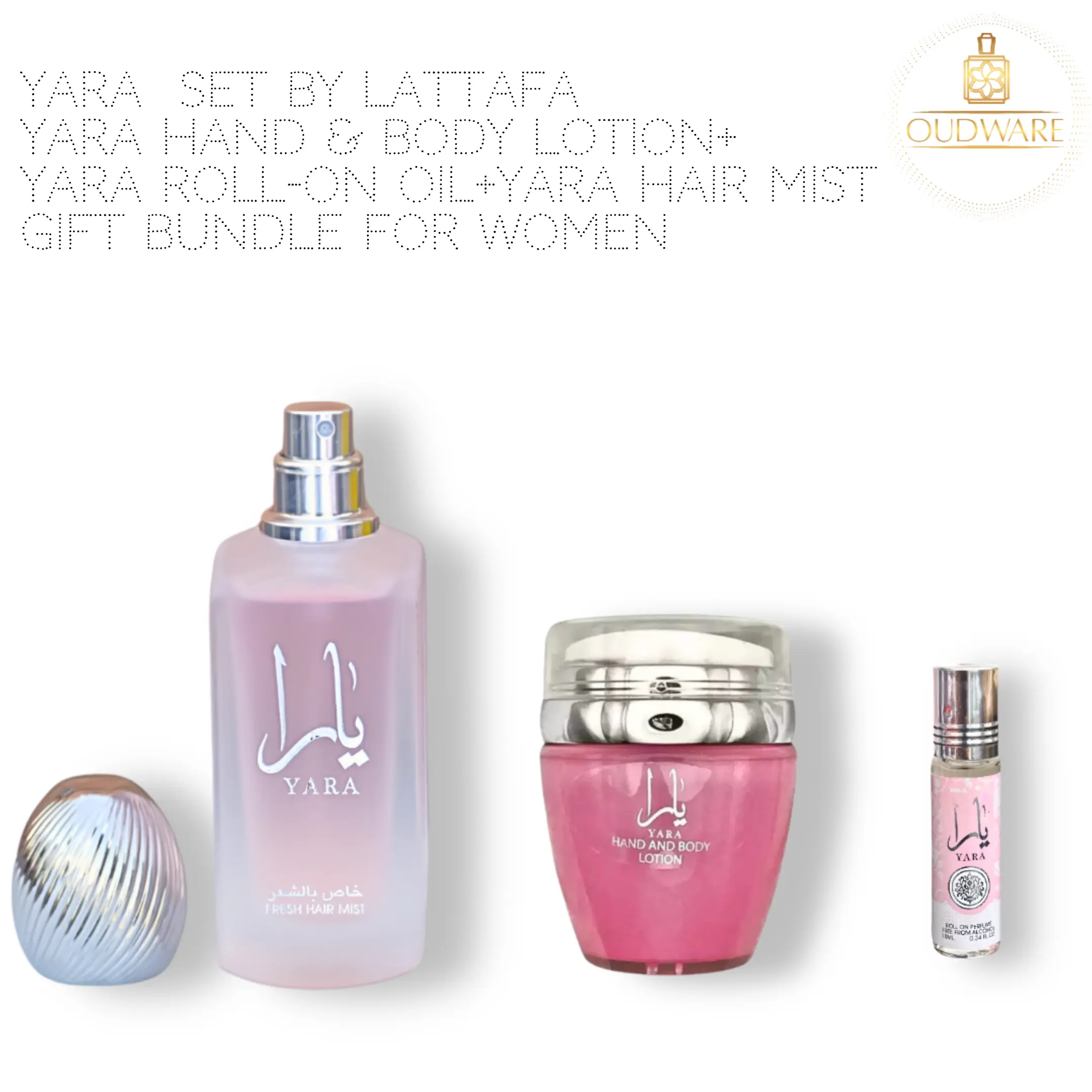 Lattafa Yara Hand & Body Lotion 45ML (1.53 OZ)+ Yara Roll-On1 0ml (0.34 OZ) + Yara Hair Mist 50ML (1.7 OZ) - The Ultimate Pink Elegance Gift Bundle, Jasmine, Fragrance