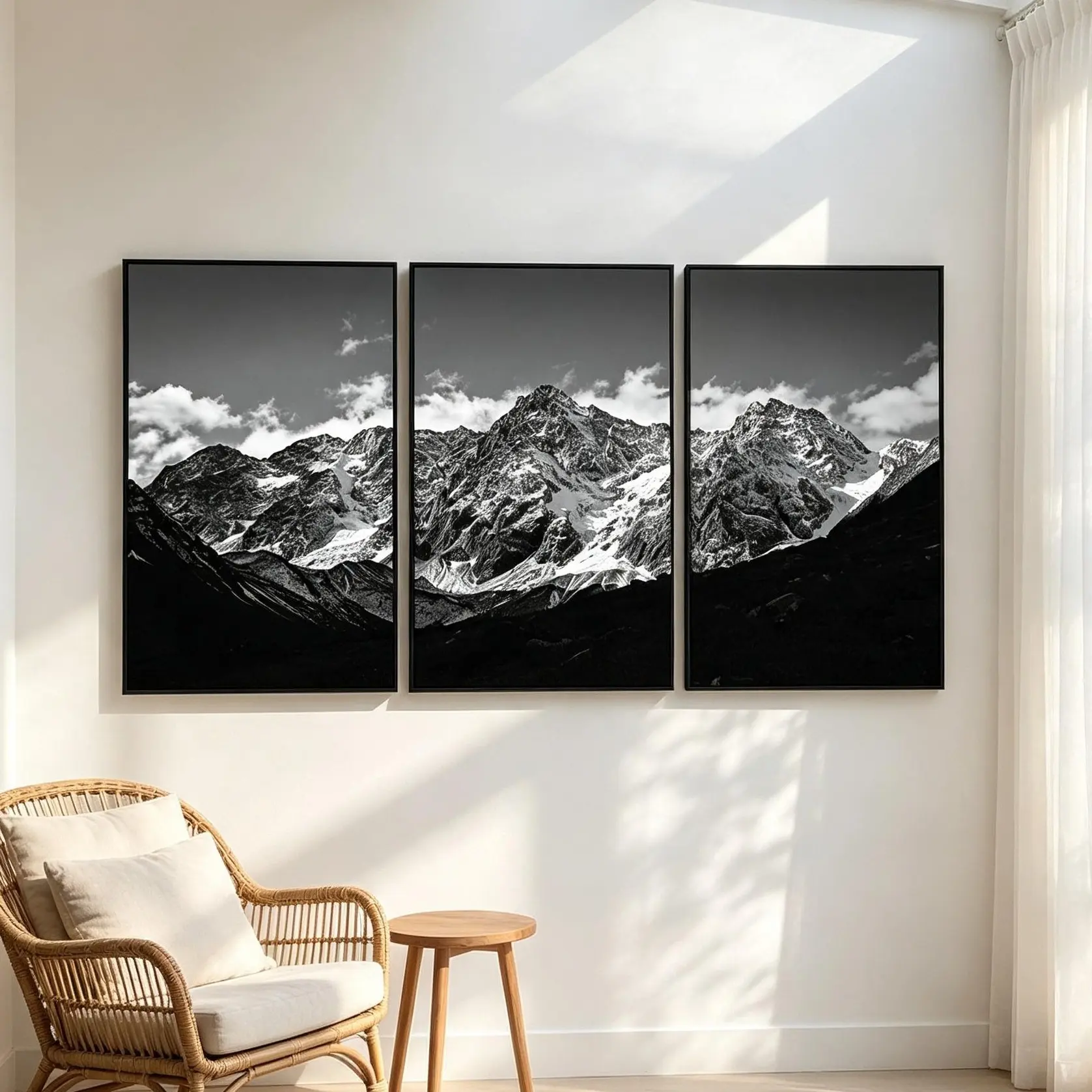 3 Panel Black And White Snow Mountain Poster Set, Minimalist Mountain Range Canvas Wall Art, Monochrome Nature Landscape Print, Modern Neutral Aesthetic Room Decor, Scenic Mountain Triptych Wall Hanging, Calm Nature Artwork Gift For Living Room
