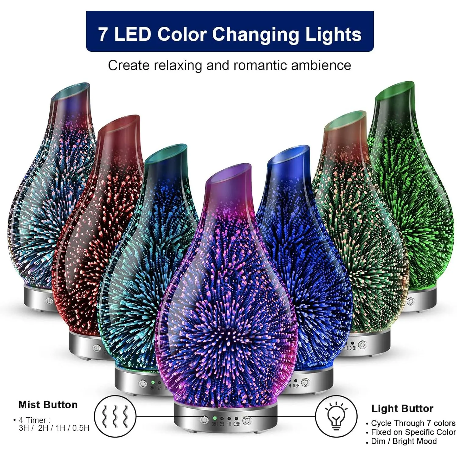 MAXWINER Essential Oil Diffusers Ultrasonic 3D Glass Aromatherapy Diffuser, Auto Shut-Off, Timer Setting, 7 Colors LED Lights Changing for Home, Office, Spa 120ml