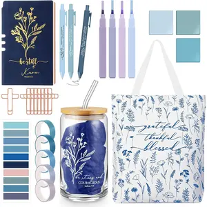 29 count  Journaling Kit 16 oz Glass Cup Canvas Bag Leather Notebook Highlighters and Pens Sticky Note Tapes  Study Supplies for Mother's Day Teacher Women Nurse(Boho, Blue)