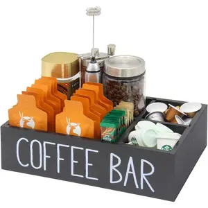 Coffee Station Organizer with Removable Dividers Disposable Cup Holder Wooden Countertop Organizer for Tea Condiment Accessories Storage Farmhouse Bar Decor Black