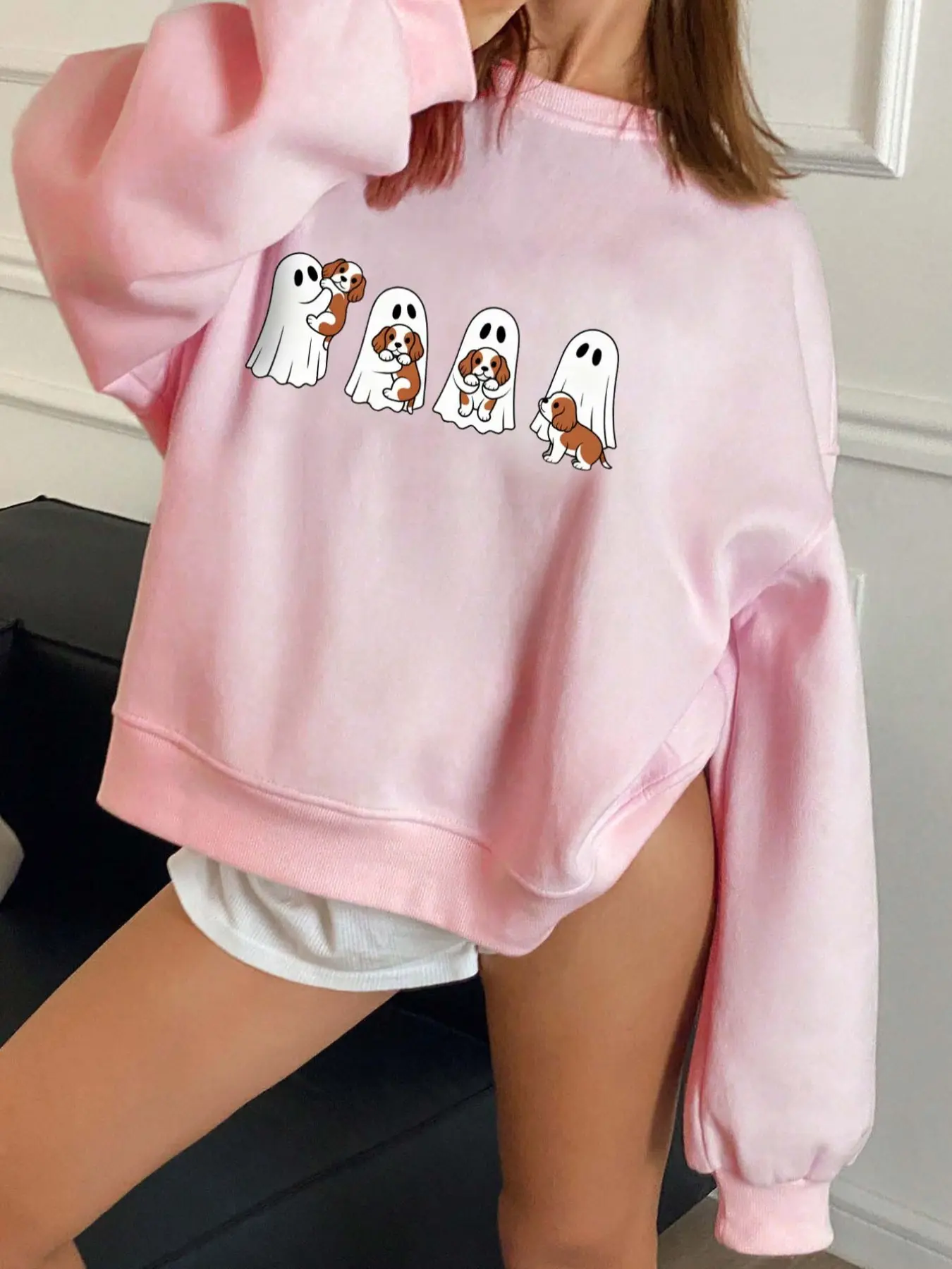Halloween Holiday Ghost Dog Print Women's Pullover Sweatshirt, Fall Winter Geometric Pattern Casual Loose Fit Fleece Lined Jumper