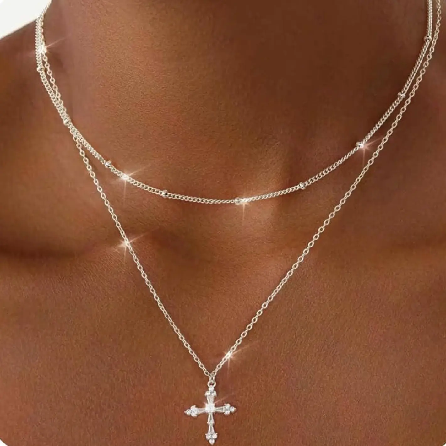 MILACOLATO 2Pcs Silver Cross Necklace for Women 925 Sterling Silver Layered Necklaces 14K plated Gold Adjustable Cross Pendant Necklace Dainty Stackable Chain Set Jewellery Gift