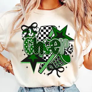 Cheer T-Shirt, Preppy Cheer Mom Shirt , Leopard Checkered Cheerleader Coquette T-Shirt