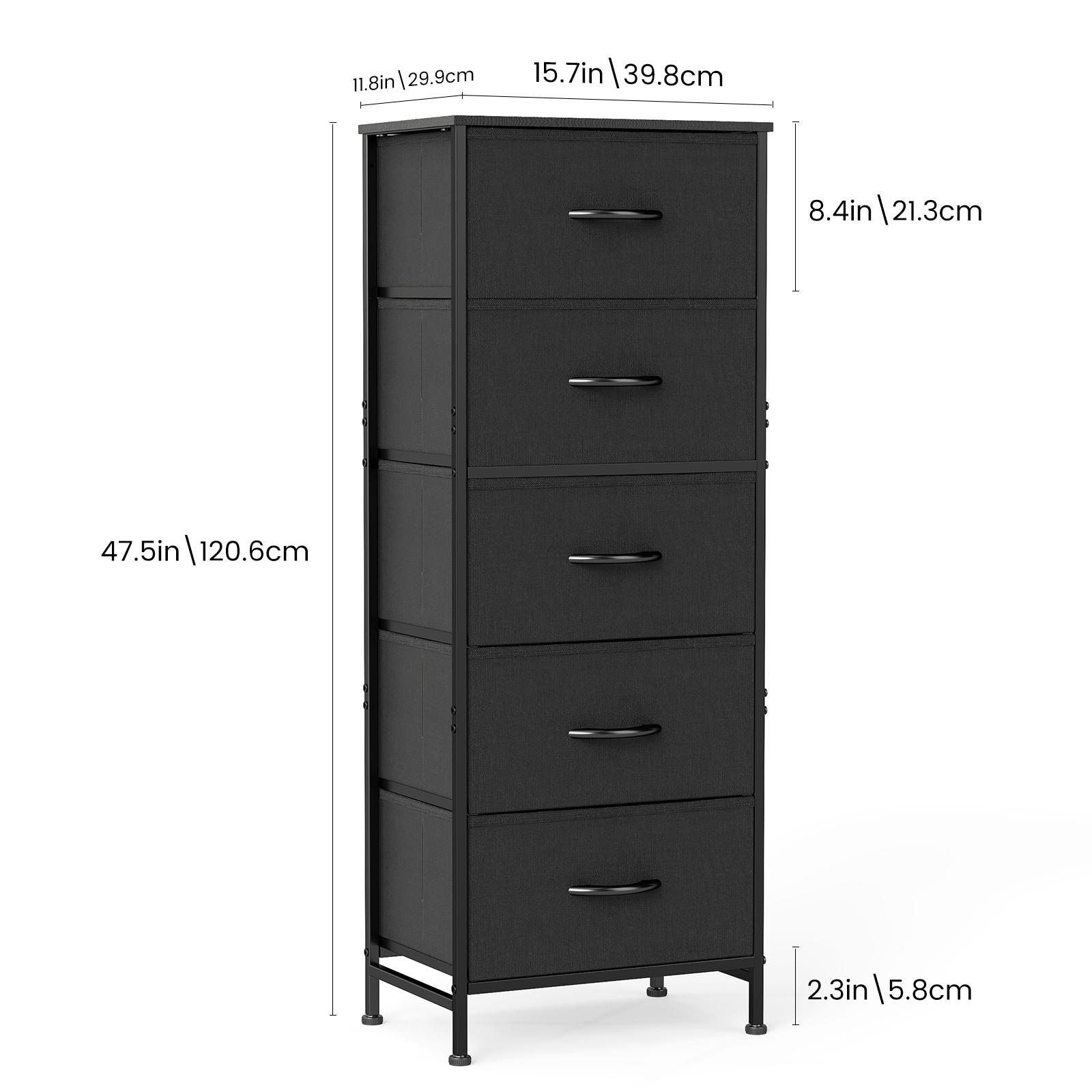 Nightstand with 5 Drawers, Bedside Table with Removable Fabric Bins, Sturdy Steel Frame Wood Top Skinny Dresser   cabinet  for Bedroom Closet Living Room, Black