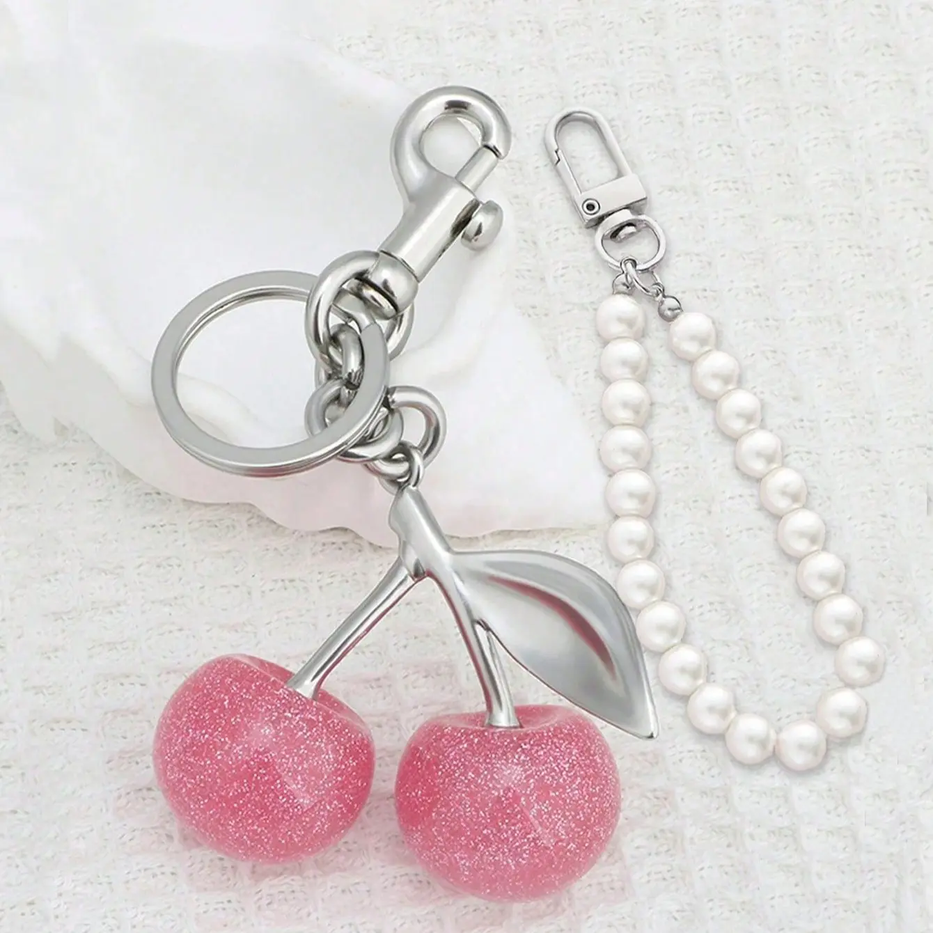 Cherry Handle Bag Keychain, Sparkle Cherry Pearl Chain, Resin Cherry Sweet Cool Accessory, Lobster Clasp Purse Handle Decoration, Bag Charms, Keychain For Bags