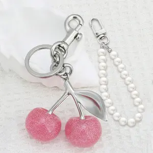 Cherry Handle Bag Keychain, Sparkle Cherry Pearl Chain, Resin Cherry Sweet Cool Accessory, Lobster Clasp Purse Handle Decoration, Bag Charms, Keychain For Bags