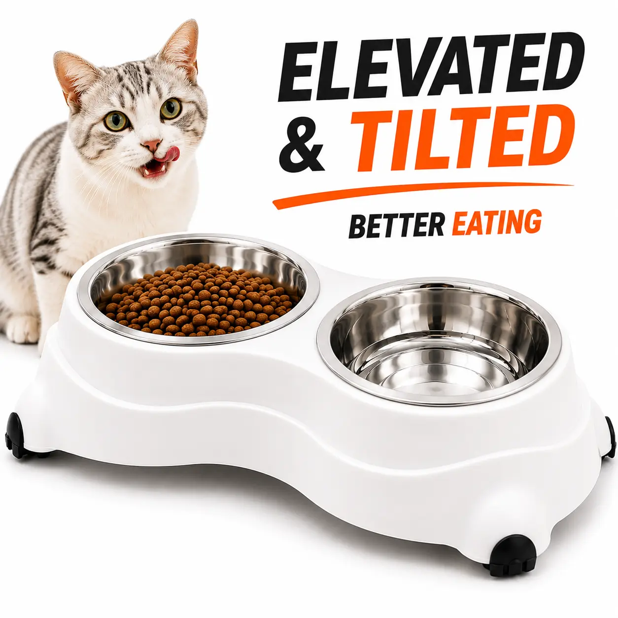 Raised Cat Bowl Stand with 15° Tilt, Stainless Steel Bowls, Anti-Slip Base, Elevated Cat Food & Water Feeding Station