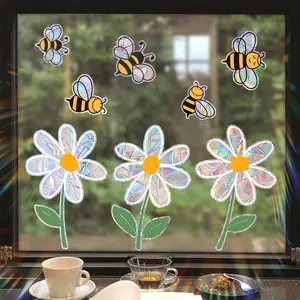 8PCS Double Side Reusable Bee Flower Daisy Window Clings Prism Suncatcher Glass Stickers for Bird Window Strike Prevention (11.8 * 16.5inch)
