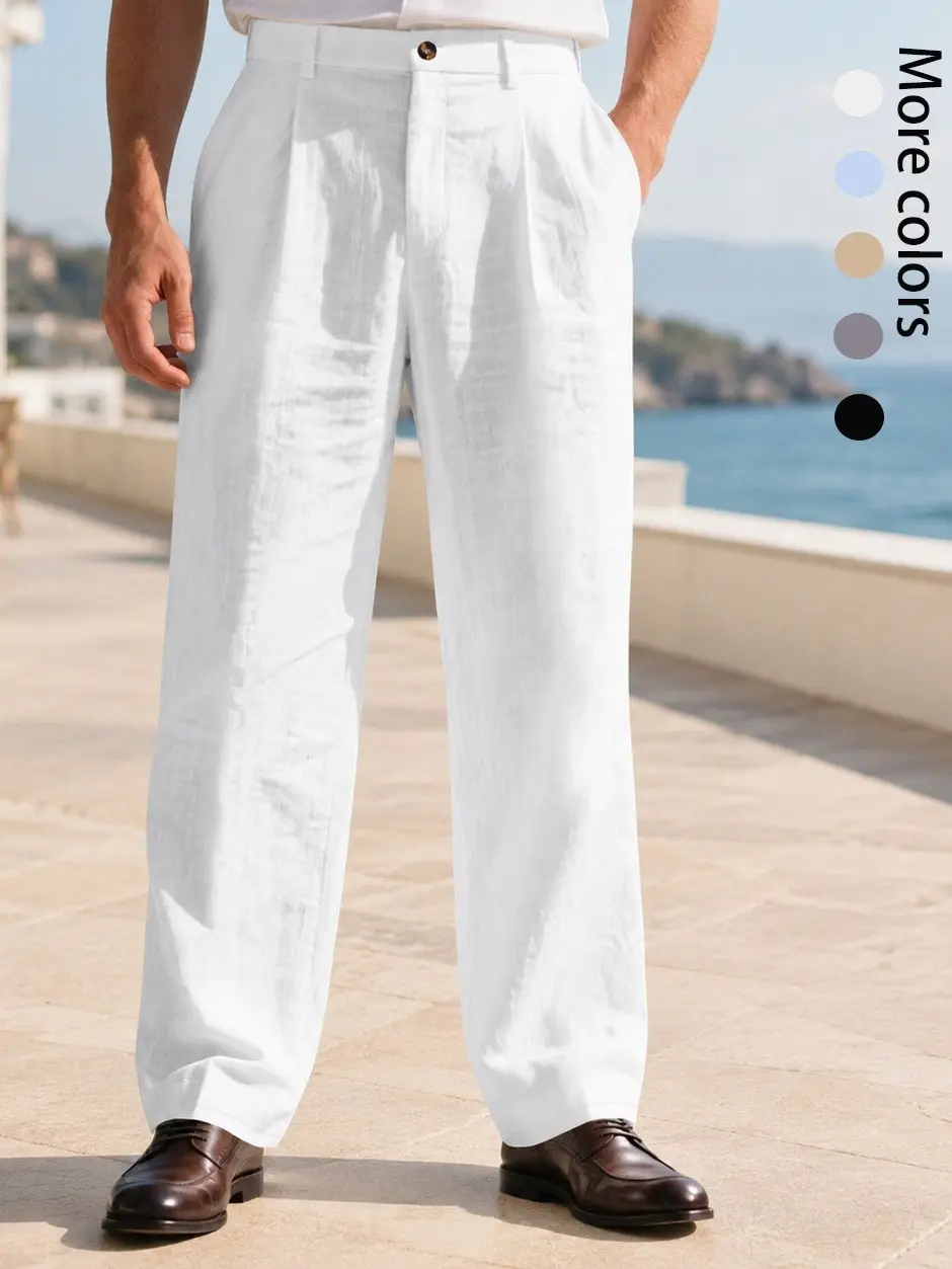 Men’s Linen Pants, Loose Fit Straight Leg Pleated Trousers with Side Pockets, Lightweight Old Money Style, Summer Beach Vacation Resort Casual Pants