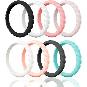 4Pcs Silicone Wedding Ring for Women,Thin and Stackble Braided Rubber Wedding Bands,No-Toxic,Skin Safe