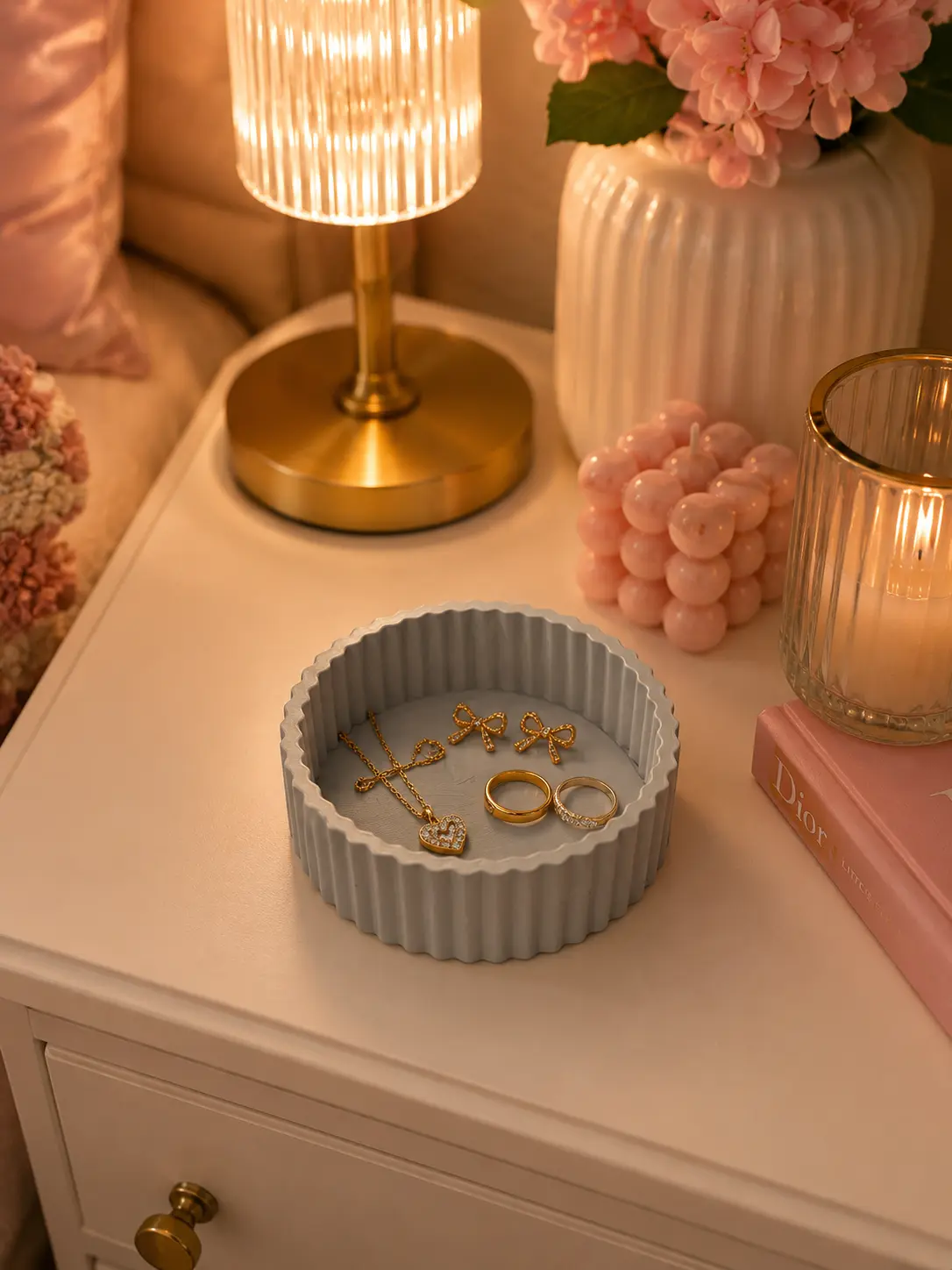 Small Round Fluted Jewelry Tray | Decorative Ring Dish | Vanity & Nightstand Organizer
